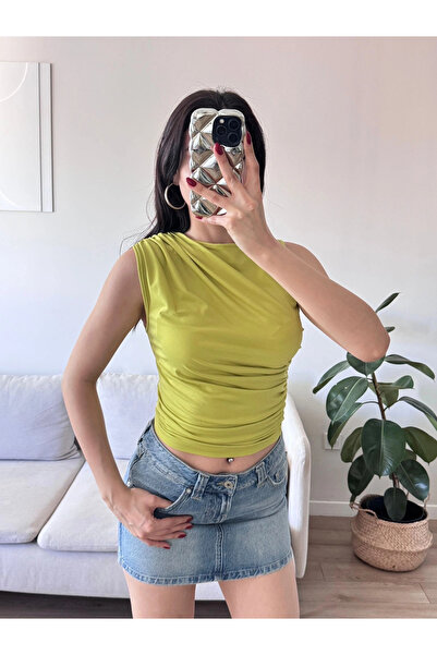 Zoom Butik Drapeli Kolsuz Bluz - YEŞİL