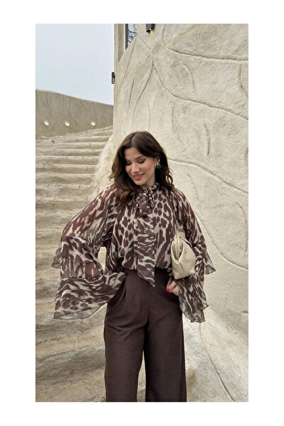 Coral Patterned Chiffon Blouse 5024 Brown