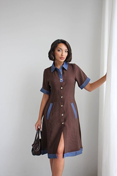 bacc Women's Coffee Denim Garnished Buttoned Tencel Woven Dress Bchn-2526114