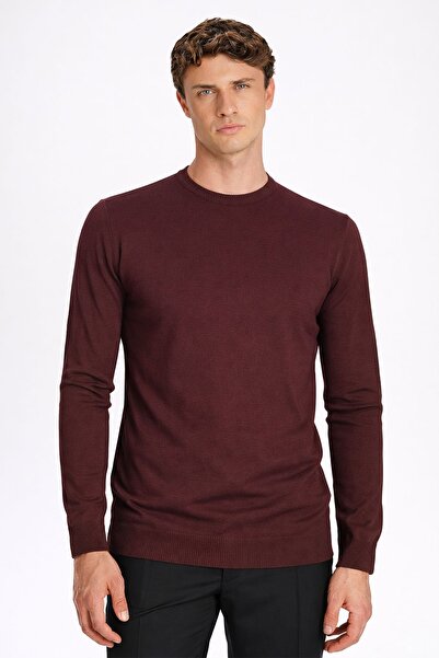 Sabri Özel Dark Burgundy Standard Fit Wool Blend Crew Neck Knitwear Men's Swe...