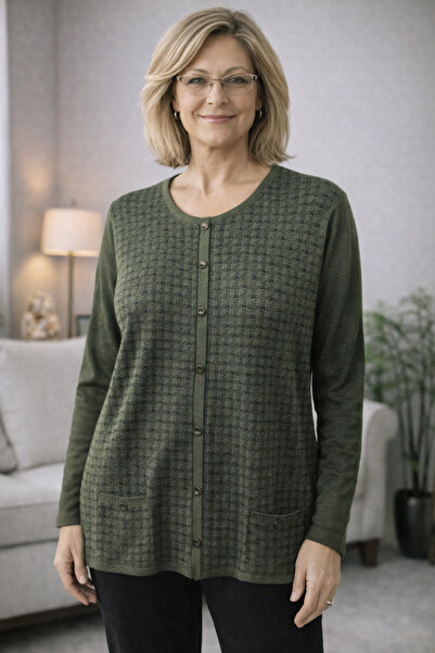 Sarıay Triko Yellow Mercerized Crew Neck Sweater with Pocket and Button Detail