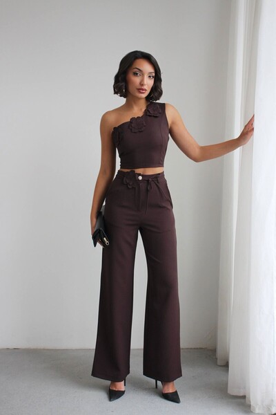 bacc Coffee Accessory Detailed Blouse and Trousers Woven Bottom Top Set Bchn-...