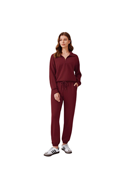 OEM Set Trening Damă PINSPARK - Bluză cu Fermoar și Pantaloni Sport, Bordo, V...