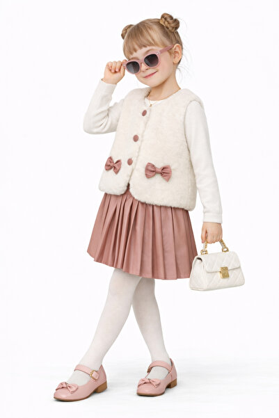 AHENGİM Kız Çocuk Peluş Yelekli Deri Piliseli Etek 3 lü Set Takım Ak2601