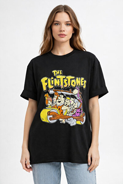 NEW JOURNAL Women's Black Crew Neck the Flintstones Printed Oversize T-Shirt ...