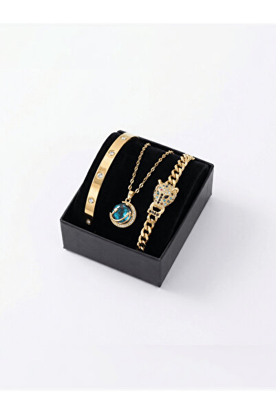 PURE BERRY Sky-Powerful-Panther Steel Bracelet and Necklace Set 316L Stainles...