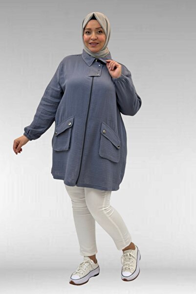 Eslina 63001 Büyük Beden Cep Ve Patı Çıtçıt Detaylı Müslin Ceket - Antrasit