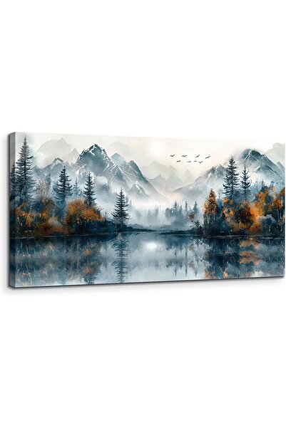 OEM Tablou pe Pânză Lac Montan - Modern, Ramă Lemn, Imprimare HD - 50x100 cm
