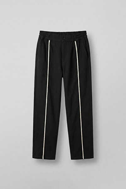 ablukaonline Men's Baggy Linen Stripe Detailed Elastic Waist Trousers Black