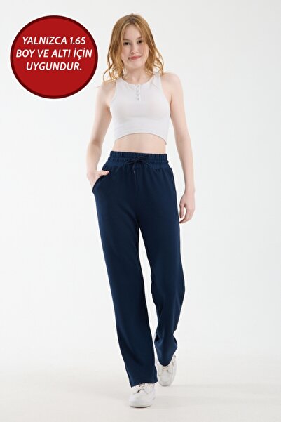 Warasiva Women's Navy Blue Flat-Leg Modal Fabric Sweatpants with Waist Tie (S...