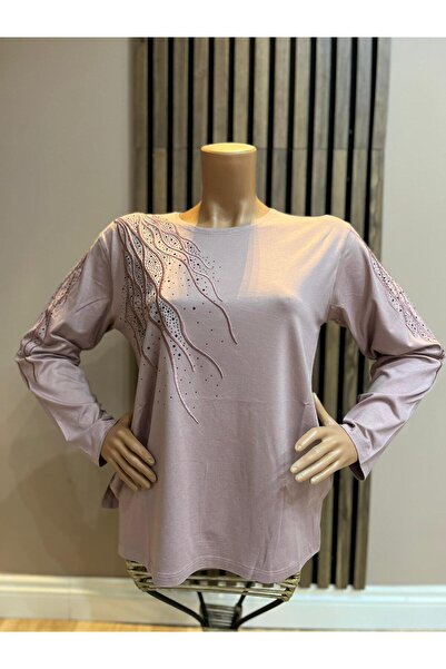 AKMAVİ Women's Middle Age and Above Baguette Stone Mother Combed Cotton Blouse