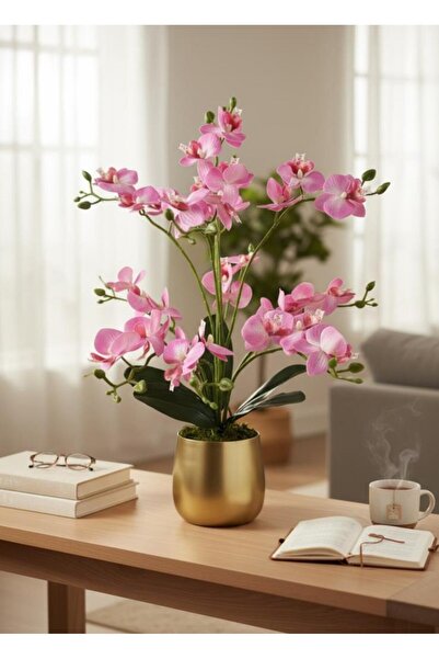 Nettenevime Yapay Çiçek Pembe 9 Dallı Islak Orkide Gold Altın Metal Saksıda S...
