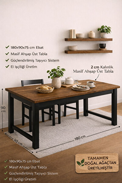 Woodymoda Masif Ahşap Yemek Masası – Ceviz Üst Tabla & Ahşap Ayak 180 cm