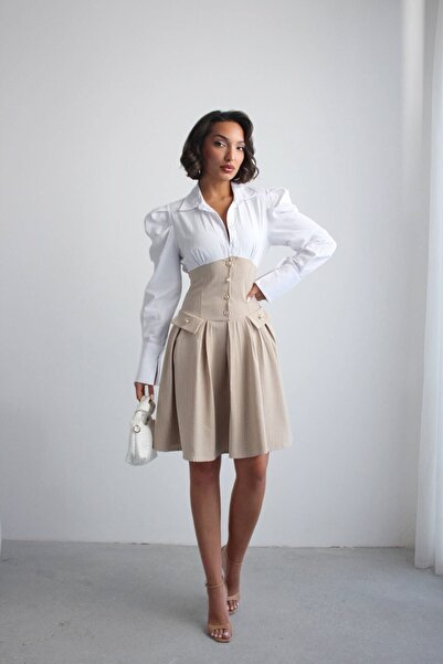 bacc Beige Pleated Striped Woven Shirt Dress Bchn-2526115