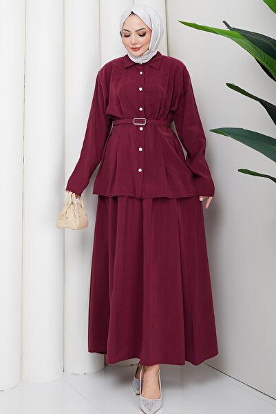 hafsamina Pencil Skirt Suit with Belt, Burgundy Hm2883