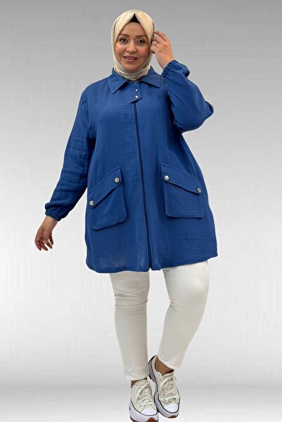 Eslina 63001 Büyük Beden Cep Ve Patı Çıtçıt Detaylı Müslin Ceket - İndigo