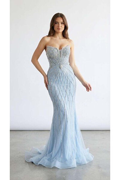 aşkın göksu Mavi Straplez Beden Taş İşlemeli Demonte Kuyruklu Kadın Abiye