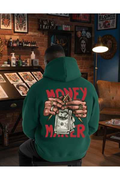 KVİNS Unisex Green Money Maker Printed Oversize Hooded Sweatshirt Hoodie