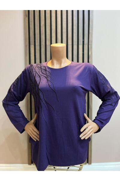 AKMAVİ Women's Middle Age and Above Baguette Stone Mother Combed Cotton Blouse