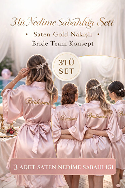 ALAZ TASARIM HOBİ 3-Piece Bridesmaid Dressing Gown with Satin Gold Embroidery...