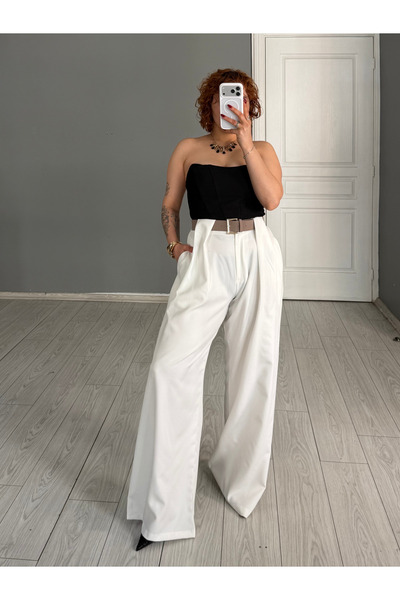 Bak'ap Premium Trend Bridge Detail Suede Belted Wide Leg Fabric Trousers