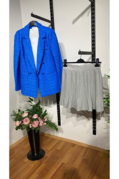 SONGÜLBERİK Women's Mini Pleated Knitwear Skirt - Light Gray