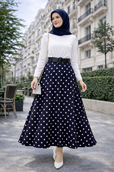 ŞIK VE MUTLU Polka Dot Hijab Belted Bell Model Chiffon Skirt