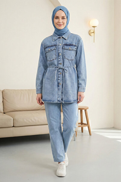 FERHEL Women's Stone Printed Buttoned Jacket and Trousers Denim Set - Ice Blue