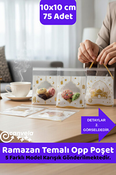 CANVELA 75 Adet Ramazan Temalı 10x10 Cm Opp Yapışkanlı Poşet 5 Farklı Model K...