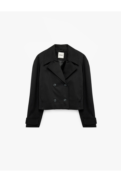 Koton Pamuklu Uzun Kollu Düğmeli Cepli Kruvaze Kısa Gabardin Trençkot