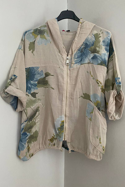 AYASOFYA OTANTIK Women's Italian Beige Ethnic Bouquet Patterned Hooded Zipper...