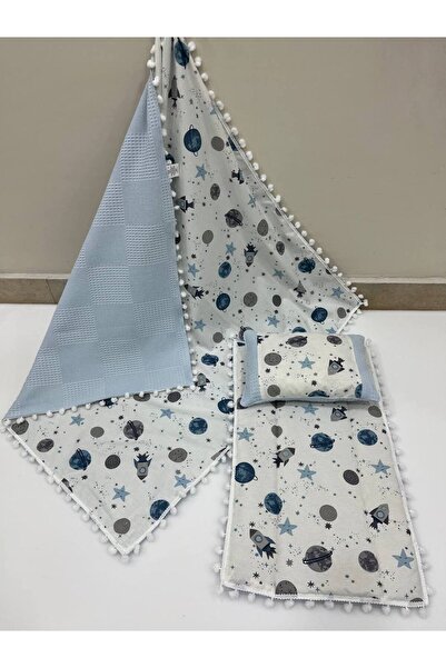 BUSEBABYHOME Poplin Fabric and Pompom Bottom Cover, Pillow and Blanket Set of 3