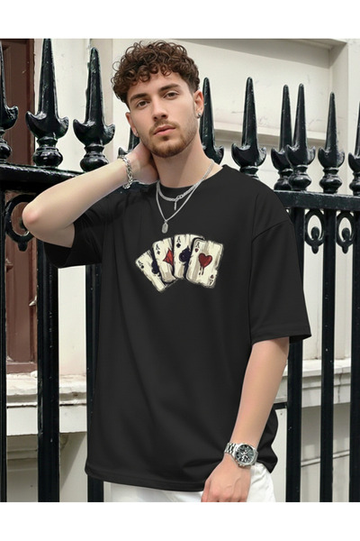 KVİNS Trend Men's Black Oversize Playing Card Printed Crew Neck Cotton T-Shirt