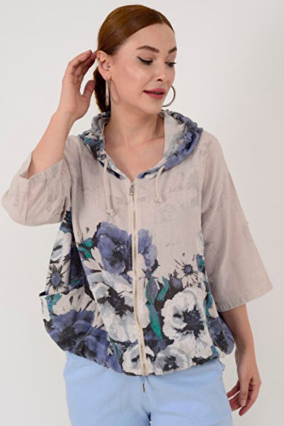 AYASOFYA OTANTIK سترة نسائية إيطالية بيج ذات طبعات زهور عرقية وقلنسوة وسحاب ل...