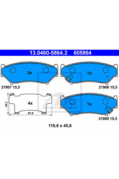 Ate Σετ τακάκια φρένων, δισκόφρενα 13.0460-5864.2
