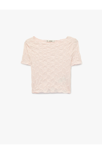 Koton Bürümcük Kumaş Slim Fit Kısa Kollu Kayık Yaka Crop Tişört