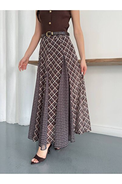 VESS MODA Special Design Plaid Patterned Long Skirt