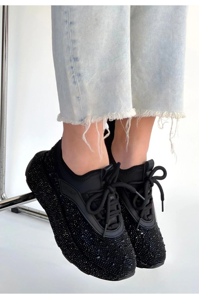 ALFA AKSESUAR 03 Rimay Black Leather Bead Embroidered Sneakers