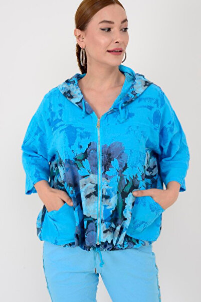 AYASOFYA OTANTIK Women's Italian Turquoise Ethnic Floral Pattern Hooded Zippe...