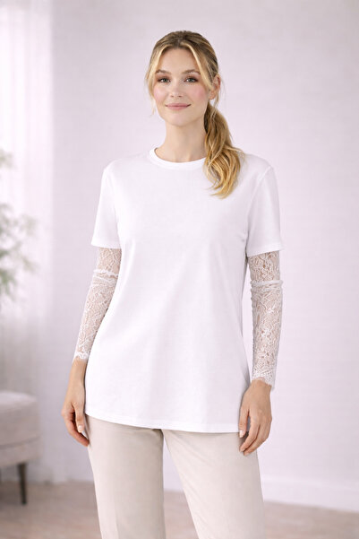 Kureyzibies Round Neck Lace Sleeve Loose Fit Blouse