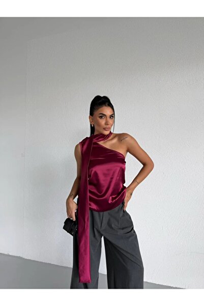 Butikcadde Collar Detail Satin Blouse Burgundy