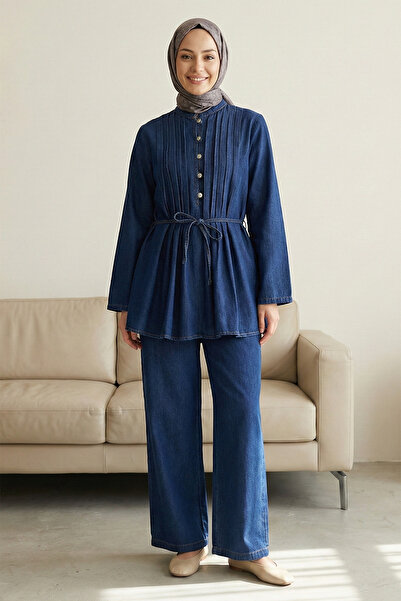 FERHEL Women's Buttoned Front Pleated Waist Tie Denim Blouse and Trousers Set...