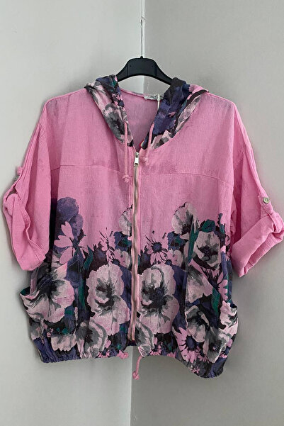 AYASOFYA OTANTIK Women's Italian Pink Ethnic Floral Pattern Hooded Zipper Clo...