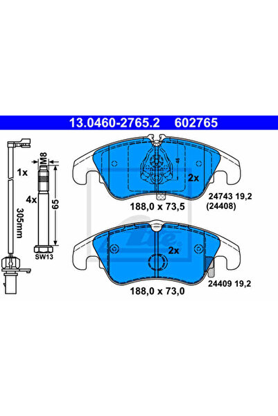 Ate Σετ τακάκια φρένων, δισκόφρενα 13.0460-2765.2