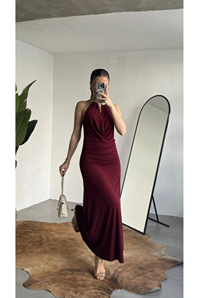 asfamoda Rochie de seară lungă, de damă, bordeaux, cu guler halter, accesorii...