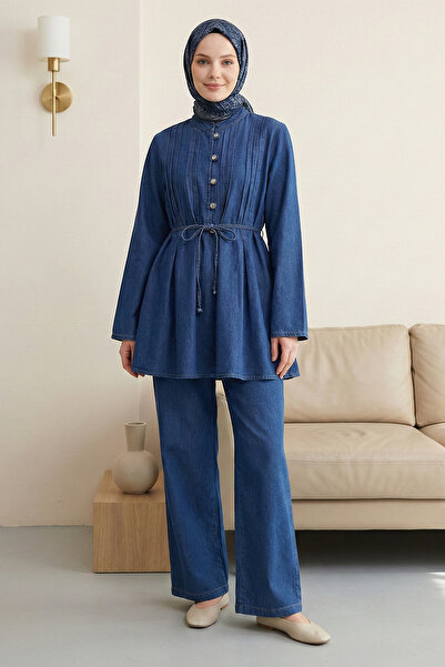 FERHEL Women's Buttoned Front Pleated Waist Tie Denim Blouse and Trousers Set...