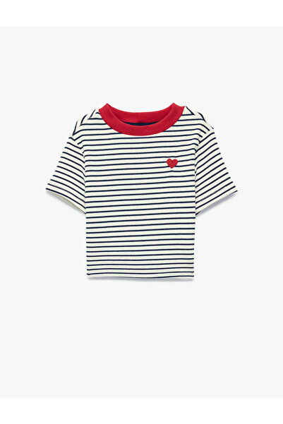 Koton Pamuklu Kalp Nakışlı Kısa Kollu Bisiklet Yaka Çizgili Tişört