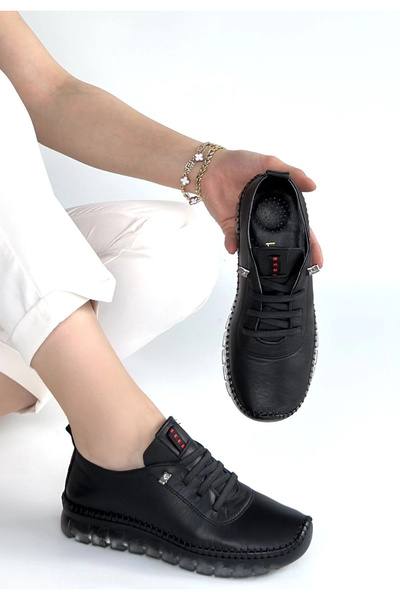 ALFA AKSESUAR 03 Jiten Black Leather Lace-Up Sports Shoes