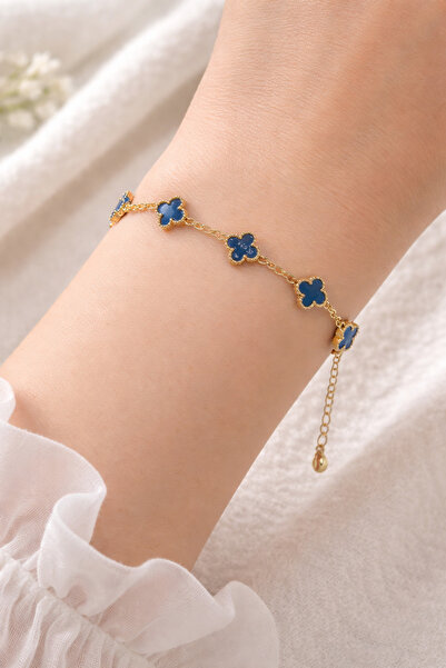VENİV Clover Leaf Gold Blue Luxury Stainless Steel Bracelet