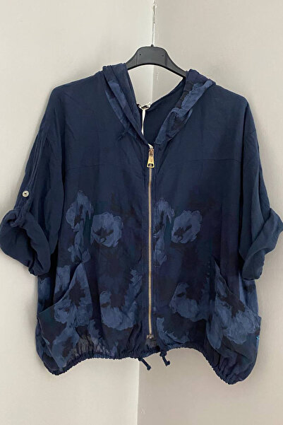 AYASOFYA OTANTIK Women's Italian Navy Blue Ethnic Floral Pattern Hooded Zippe...